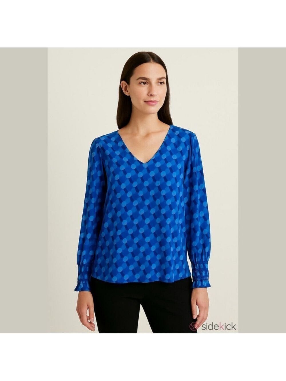 ANN TAYLOR Blouse Womens XXL  Long Sleeve Extra Extra Large Blue White V Neck
